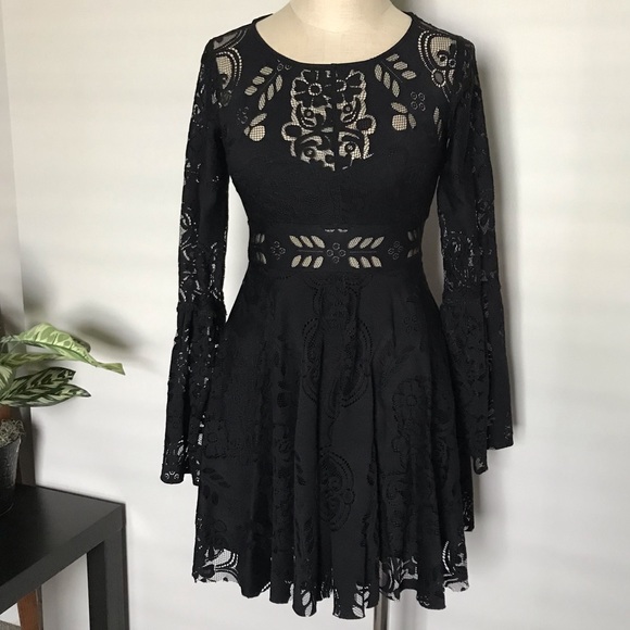 free people black lace long sleeve dress Free People Tabby Lace Mini Dress